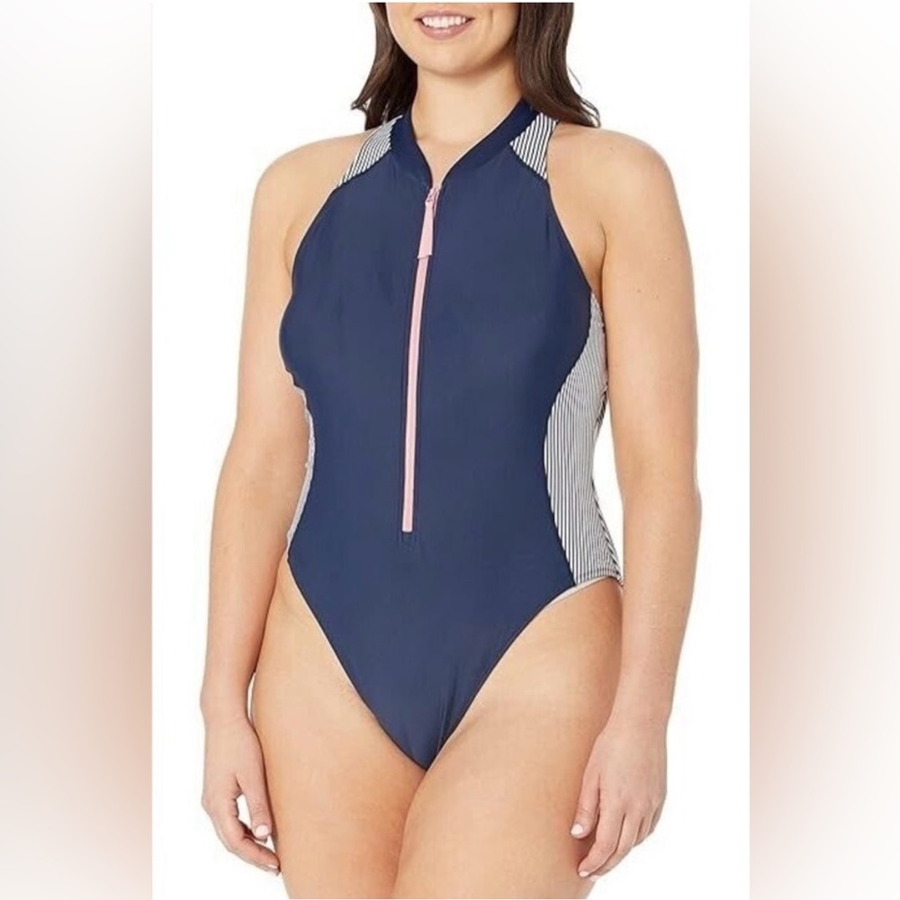 Southern Tide Seersucker Zip Front One-Piece Maillot Monokini Medium L135532